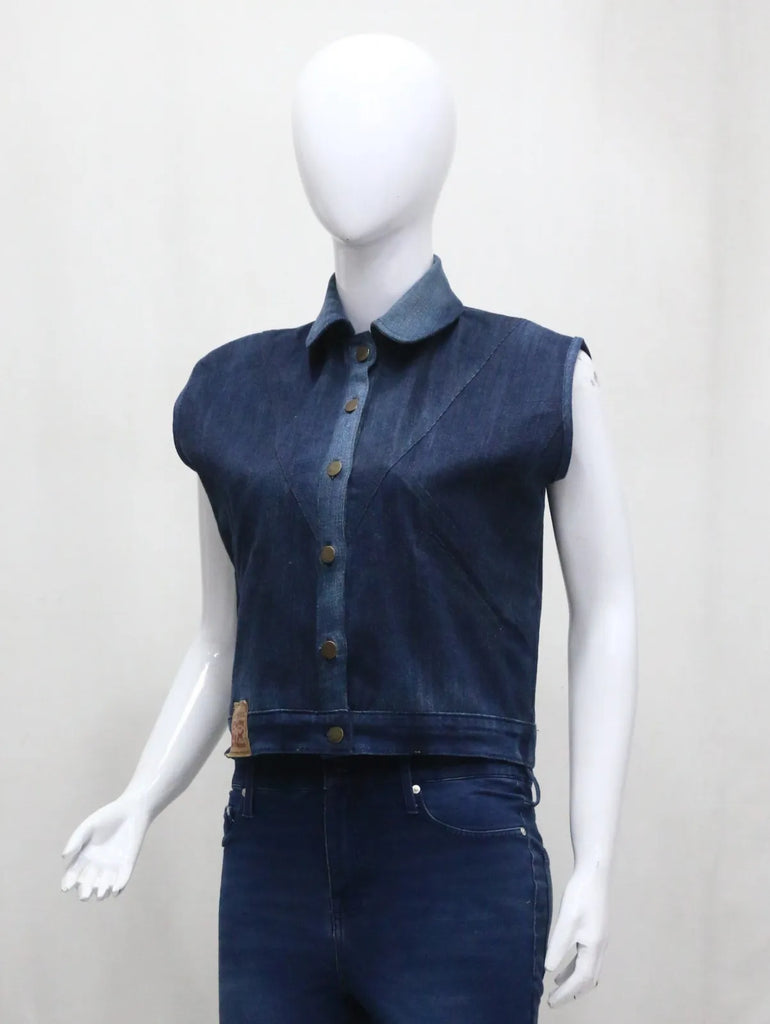 CR1349 Upcycled Denim Snap Button Vest – Dark Wash Rework Piece