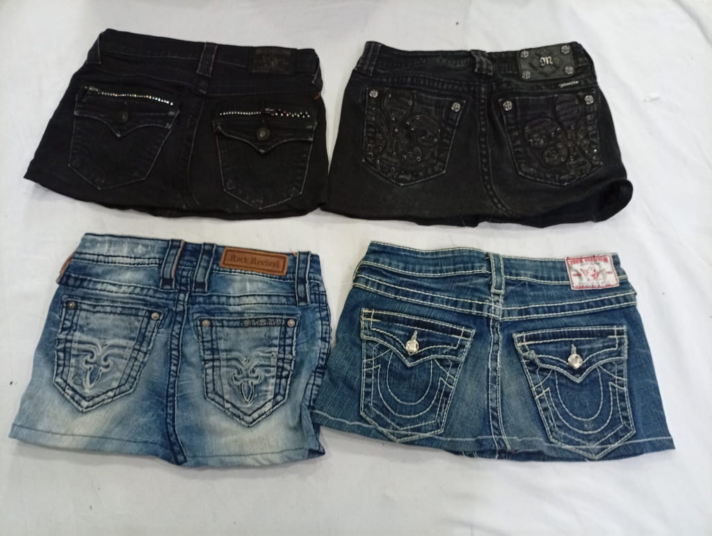 CR9348 Upcycled Mix Branded Mini Denim Skirts