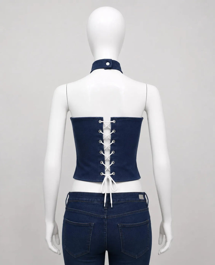 CR1584 Upcycled Denim Corset Halter Top
