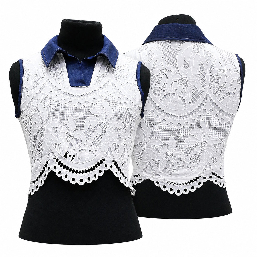 CR2149 UPCYCLED LACE & DENIM COLLAR CROP TOP