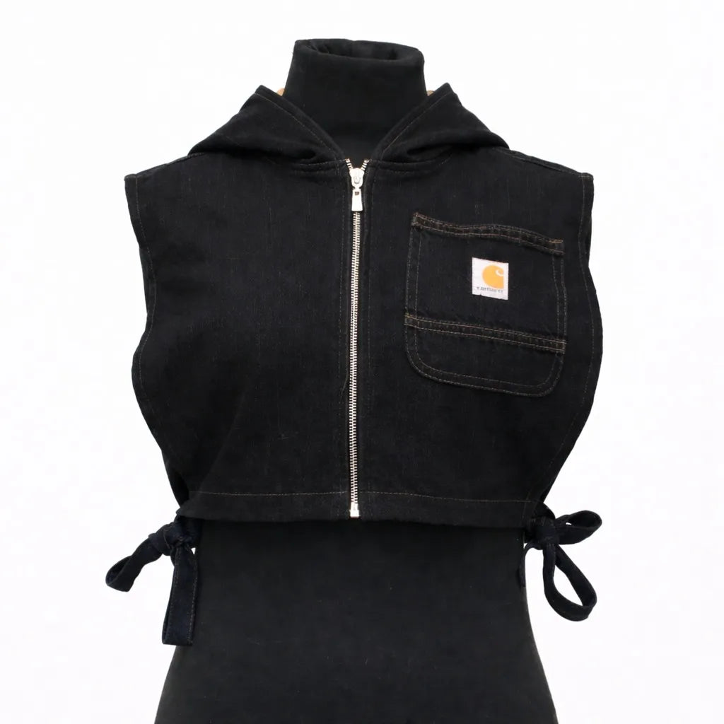 CR1116 Upcycled Cropped Hooded Denim Utility Vest