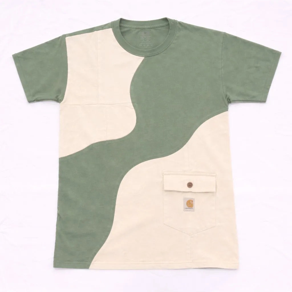 CR-1069 Rework Carhartt Denim Wave Panel T-Shirt – Dual Tone Patchwork Tee