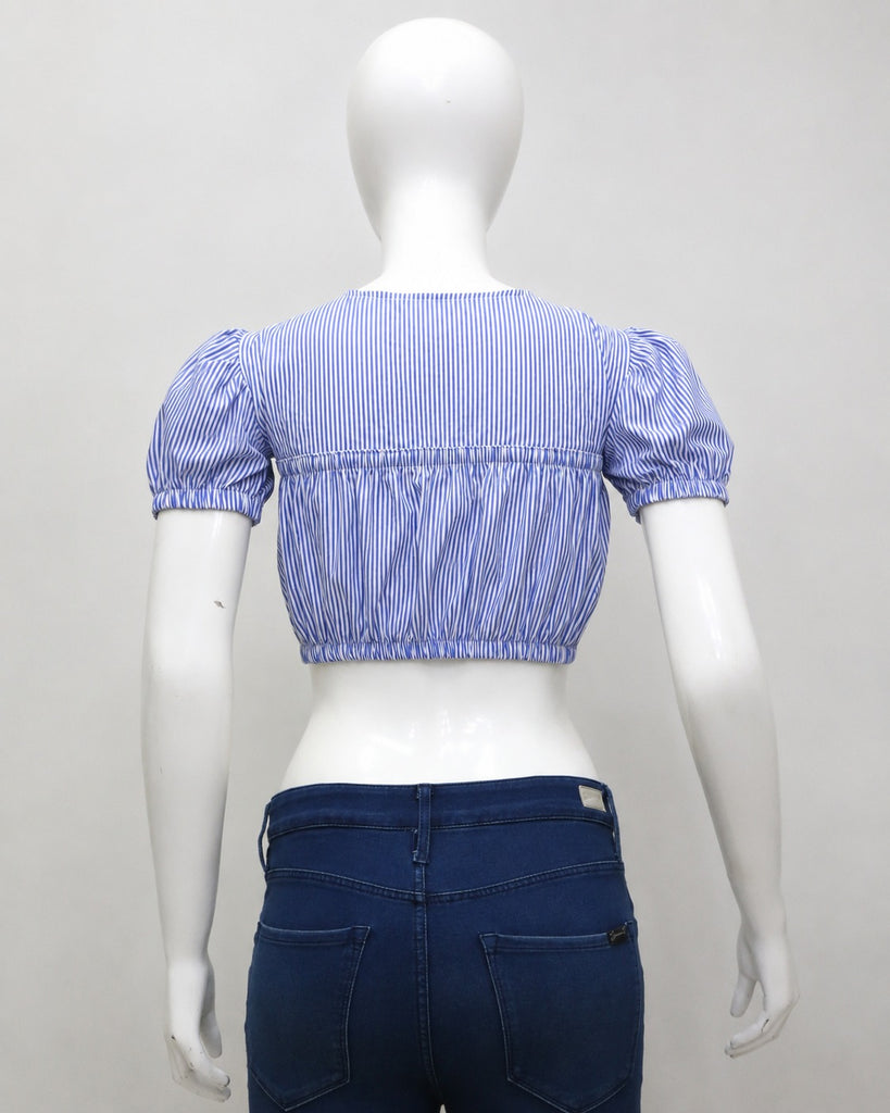 CR1908 UPCYCLED PUFF-SLEEVE TIE-FRONT CROP TOP