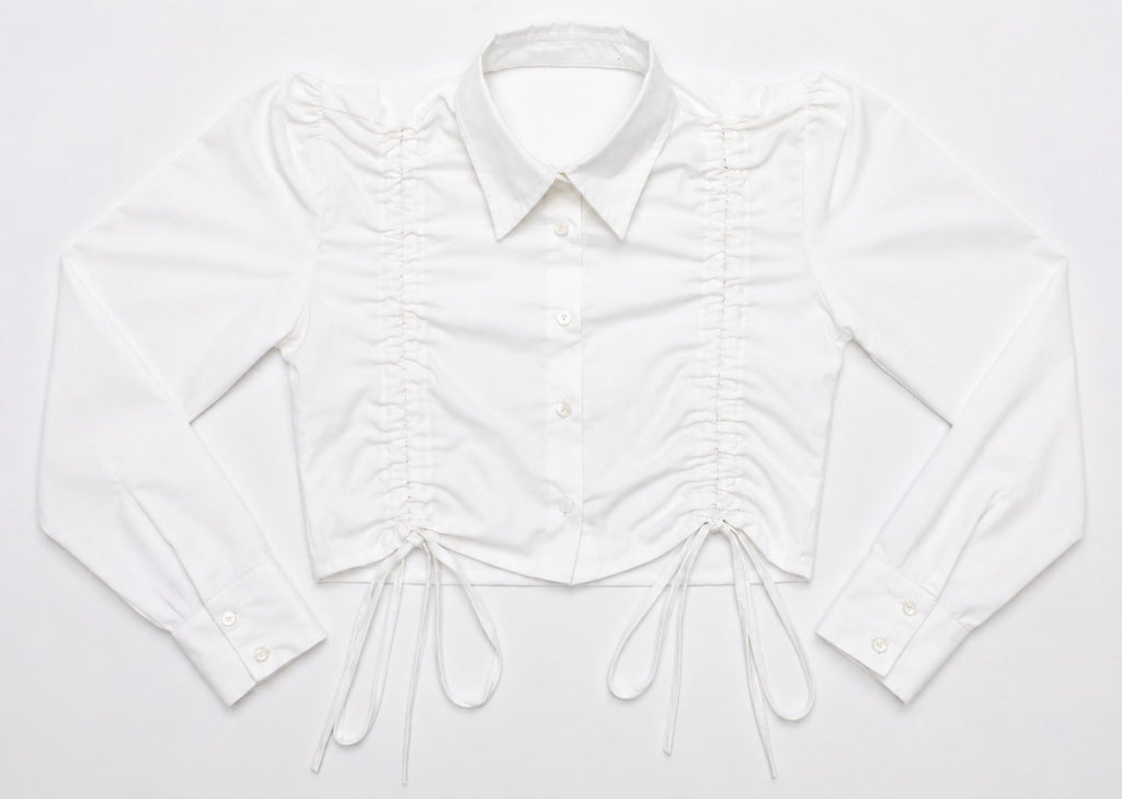 CR2056 UPCYCLED RUCHED SIDE-TIE CROPPED SHIRT