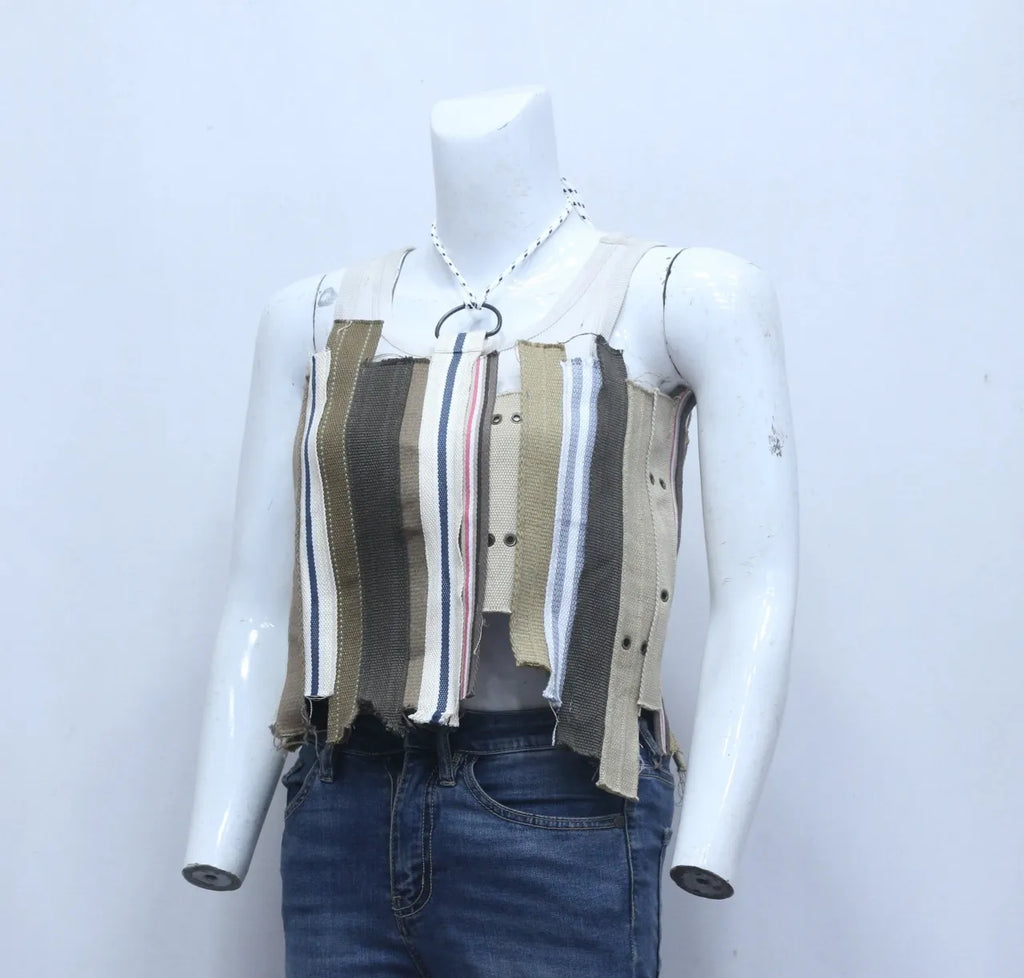 CR608 Upcycled Urban Belted Patch Crop Top