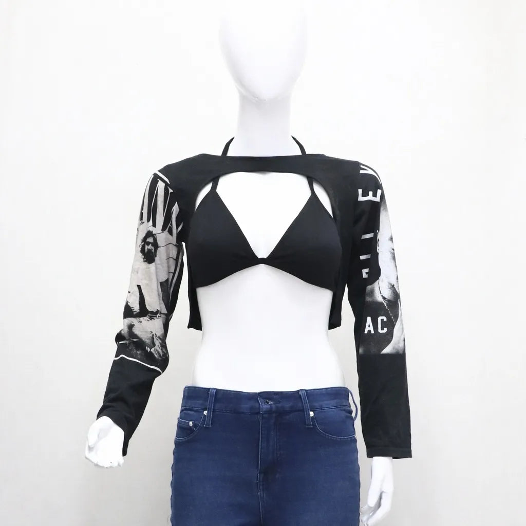 CR1133 Rework Graphic Shrug Top – Cut-Out Sleeve Crop