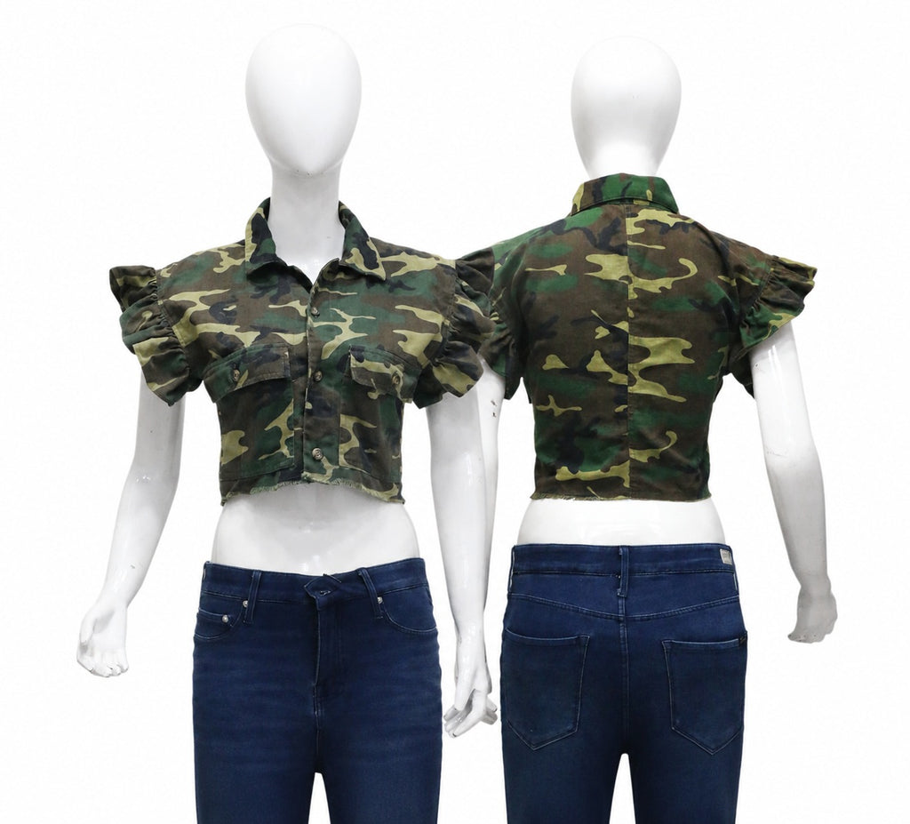 CR2029 UPCYCLED CAMO RUFFLE CROPPED SHIRT