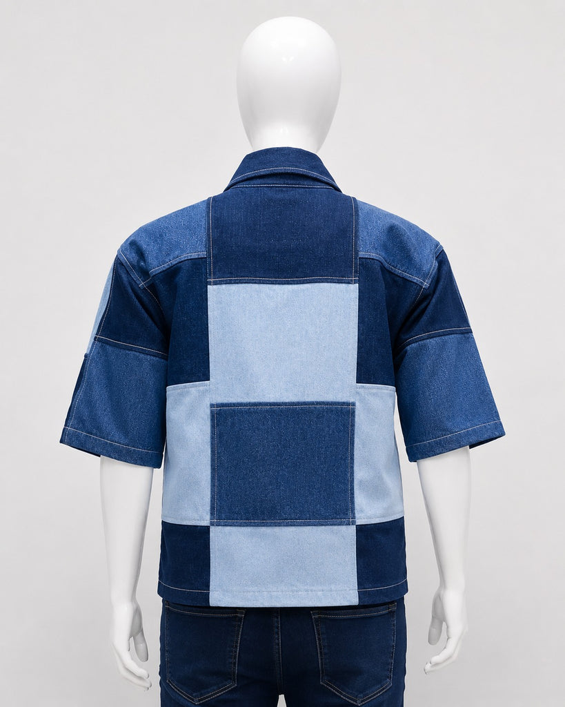 CR1832 UPCYCLED PATCHWORK BOW DENIM SHIRT