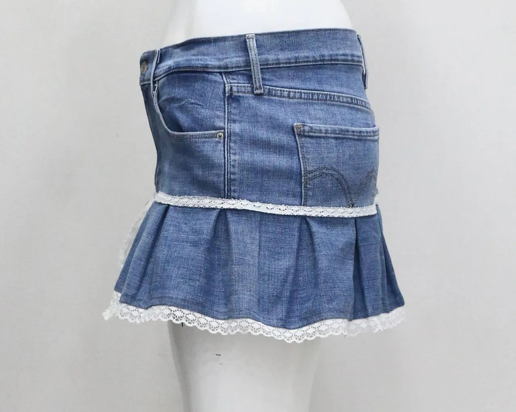 CR1541 Upcycled Denim Lace Mini Skirt