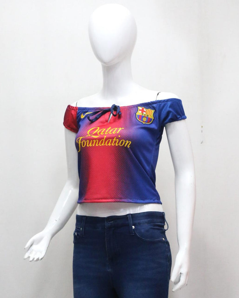 CR1895 UPCYCLED OFF-SHOULDER FOOTBALL JERSEY TOP