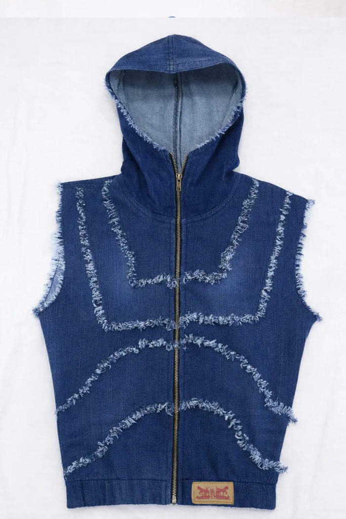 CR1374 Rework Denim Hooded Vest – Frayed Panel Zip-Up (Vintage Wash Mix)