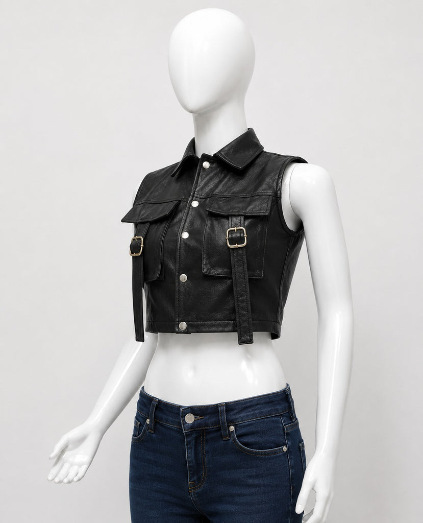 CR1865 UPCYCLED UTILITY CROPPED LEATHER VEST
