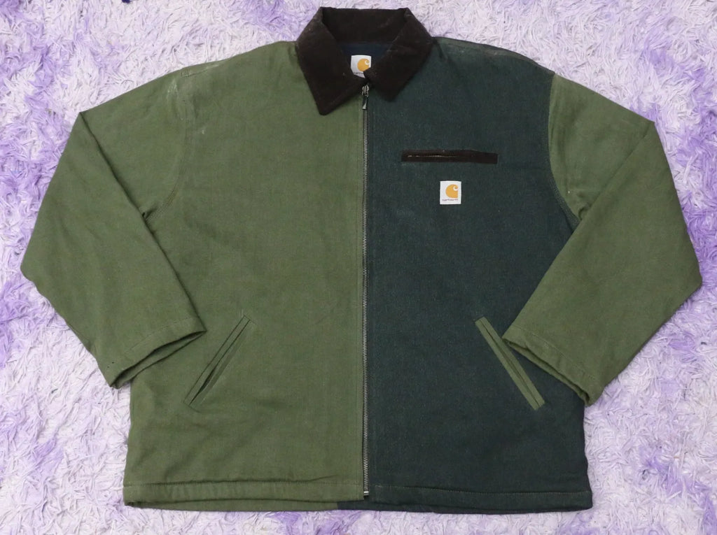 CR1451 Upcycled Workwear Jacket – Dual Tone Olive Green Panel Design