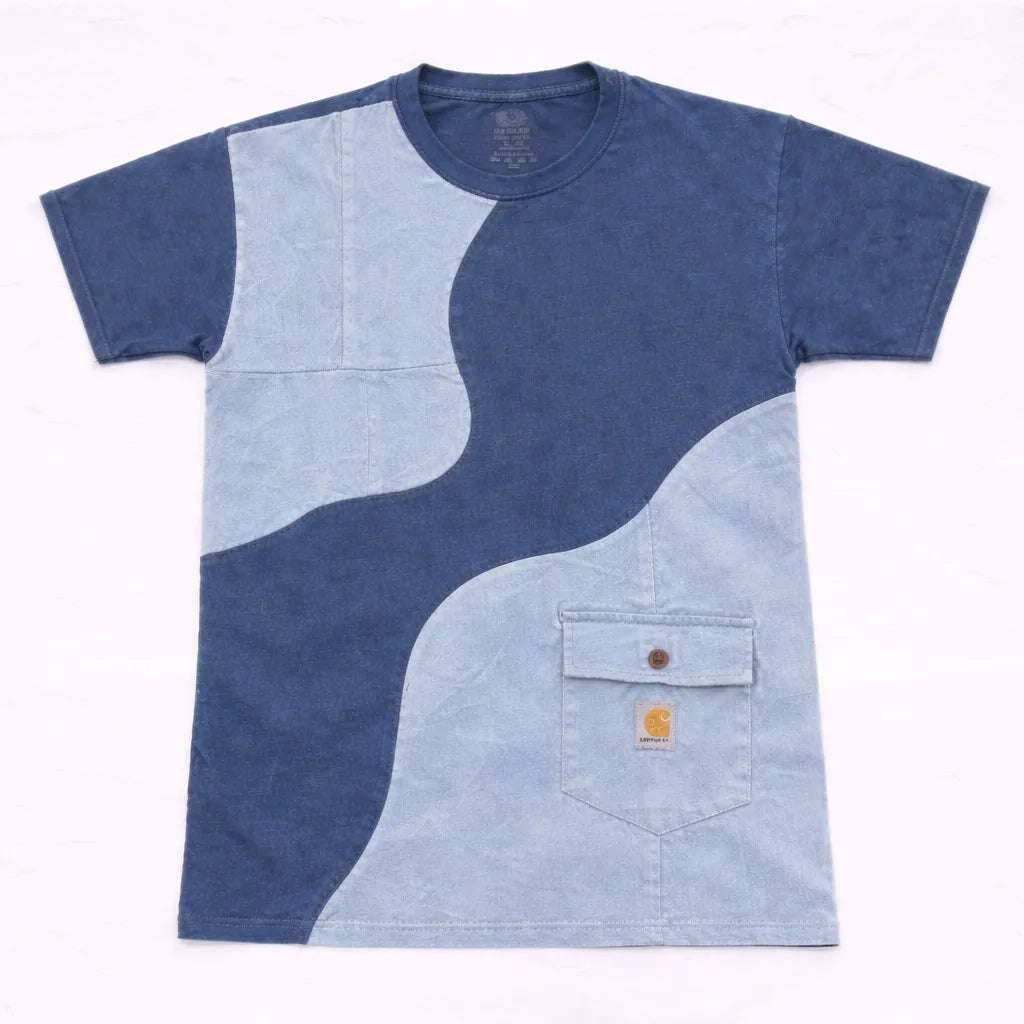 CR-1069 Rework Carhartt Denim Wave Panel T-Shirt – Dual Tone Patchwork Tee