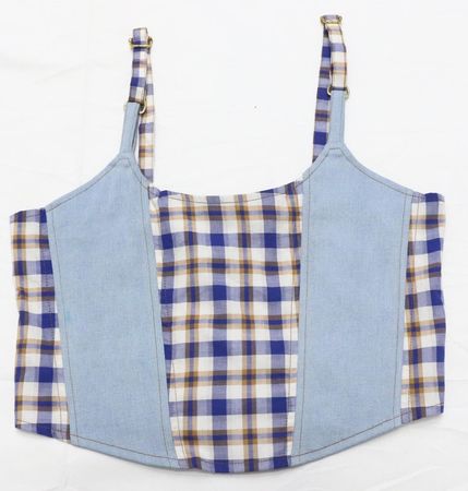 CR2086 Upcycled Denim & Plaid Corset Top