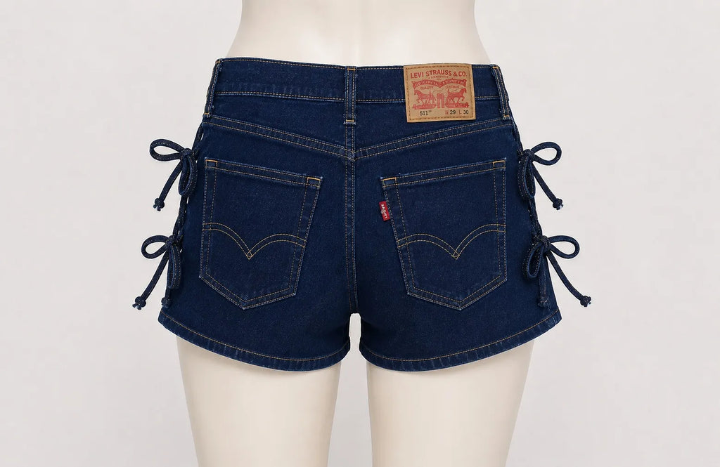 CR1655 UPCYCLED LACE-UP DENIM SHORTS