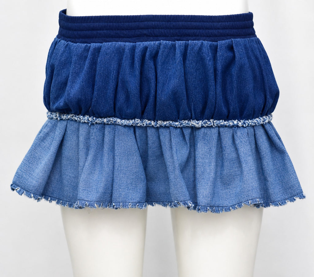CR1914 UPCYCLED TIERED DENIM MINI SKIRT