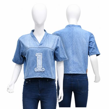 CR2147 UPCYCLED DENIM VARSITY CROP TOP