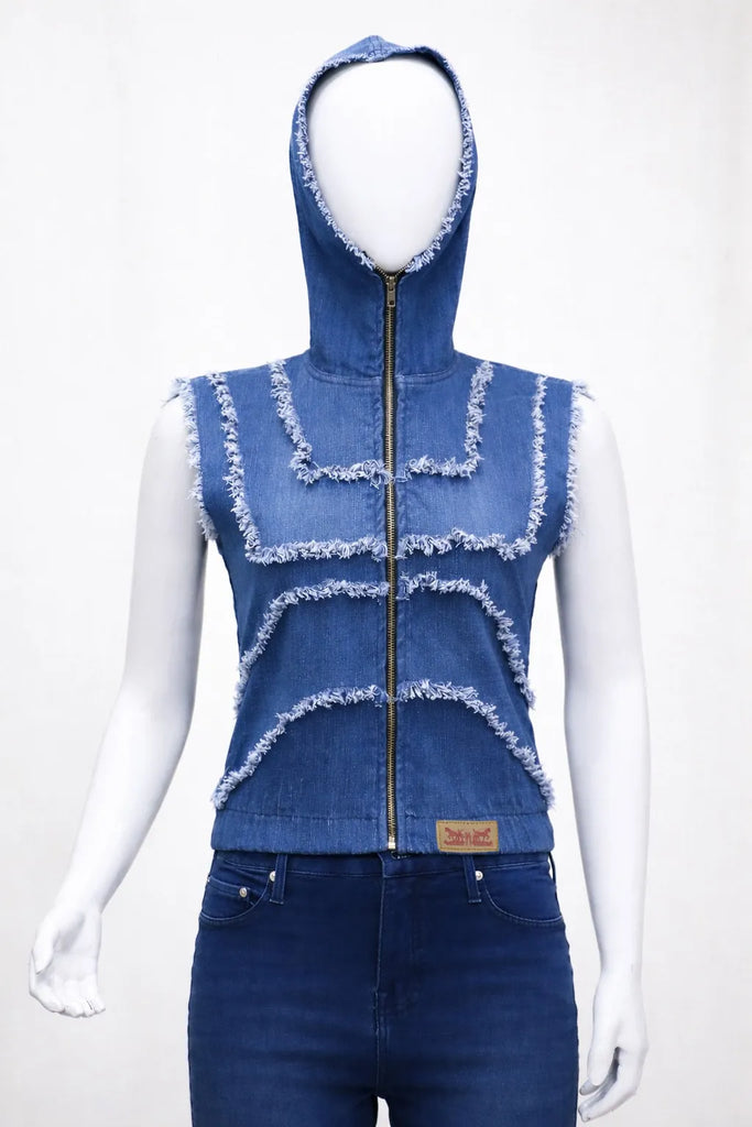 CR1374 Rework Denim Hooded Vest – Frayed Panel Zip-Up (Vintage Wash Mix)