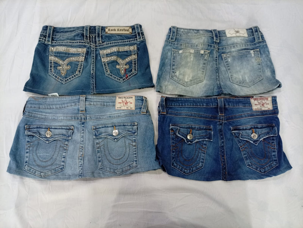 CR9623  Upcycled Mix Branded Mini Denim Skirts