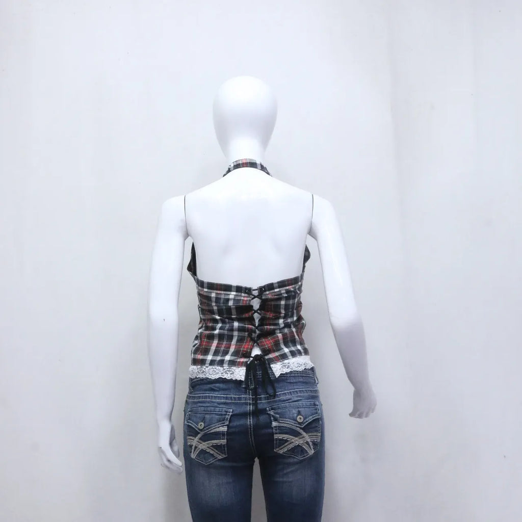 CR736 Upcycled Flannel Halter Top