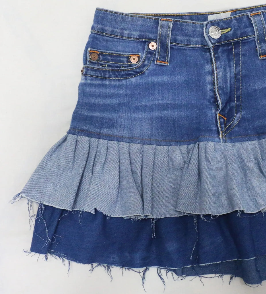 CR1675 UPCYCLED LAYERED RUFFLE DENIM MINI SKIRT