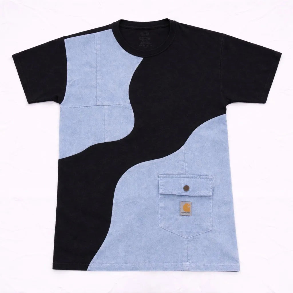 CR-1069 Rework Carhartt Denim Wave Panel T-Shirt – Dual Tone Patchwork Tee