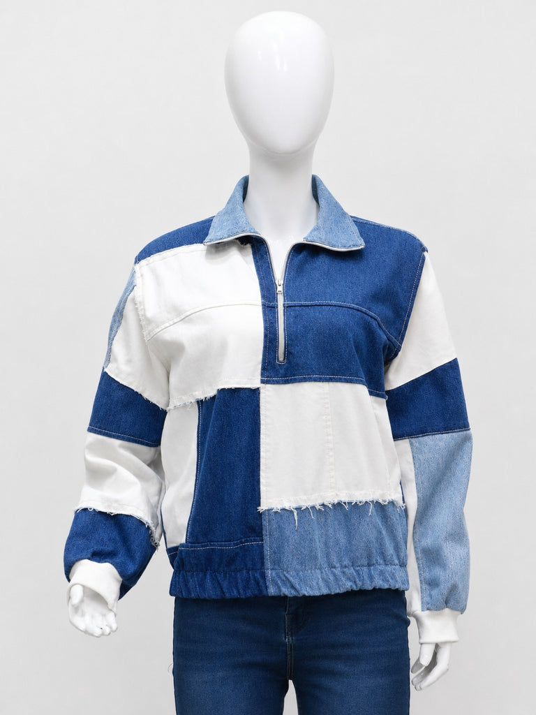 CR2154 UPCYCLED PATCHWORK DENIM HALF-ZIP JACKET