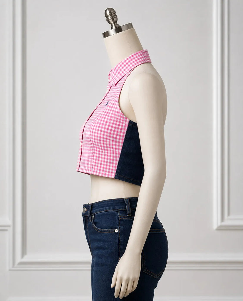 CR1600 Upcycled Denim Gingham Halter Top