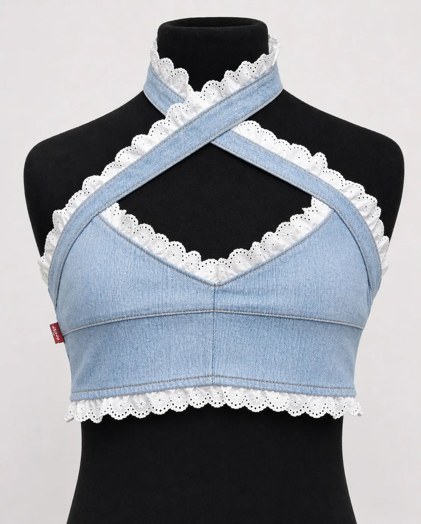 CR1532 Upcycled Denim Lace Halter Top
