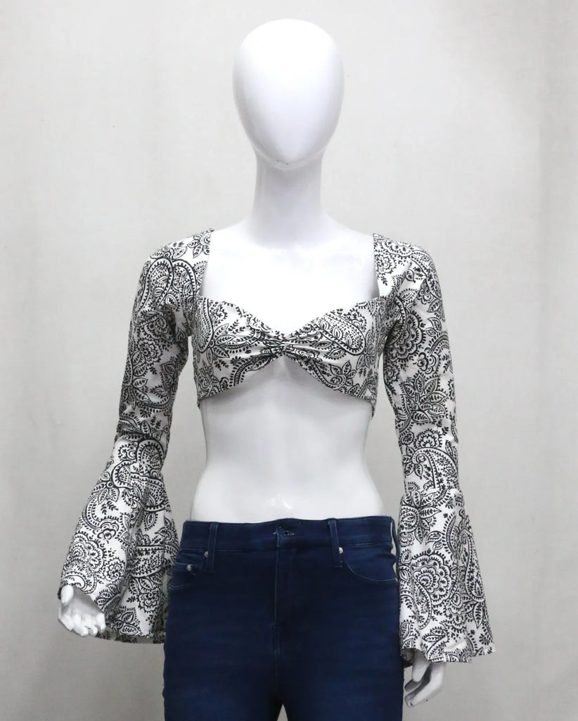 CR1307 Rework Tie Front Top – Bell Sleeve Crop (Print Mix)