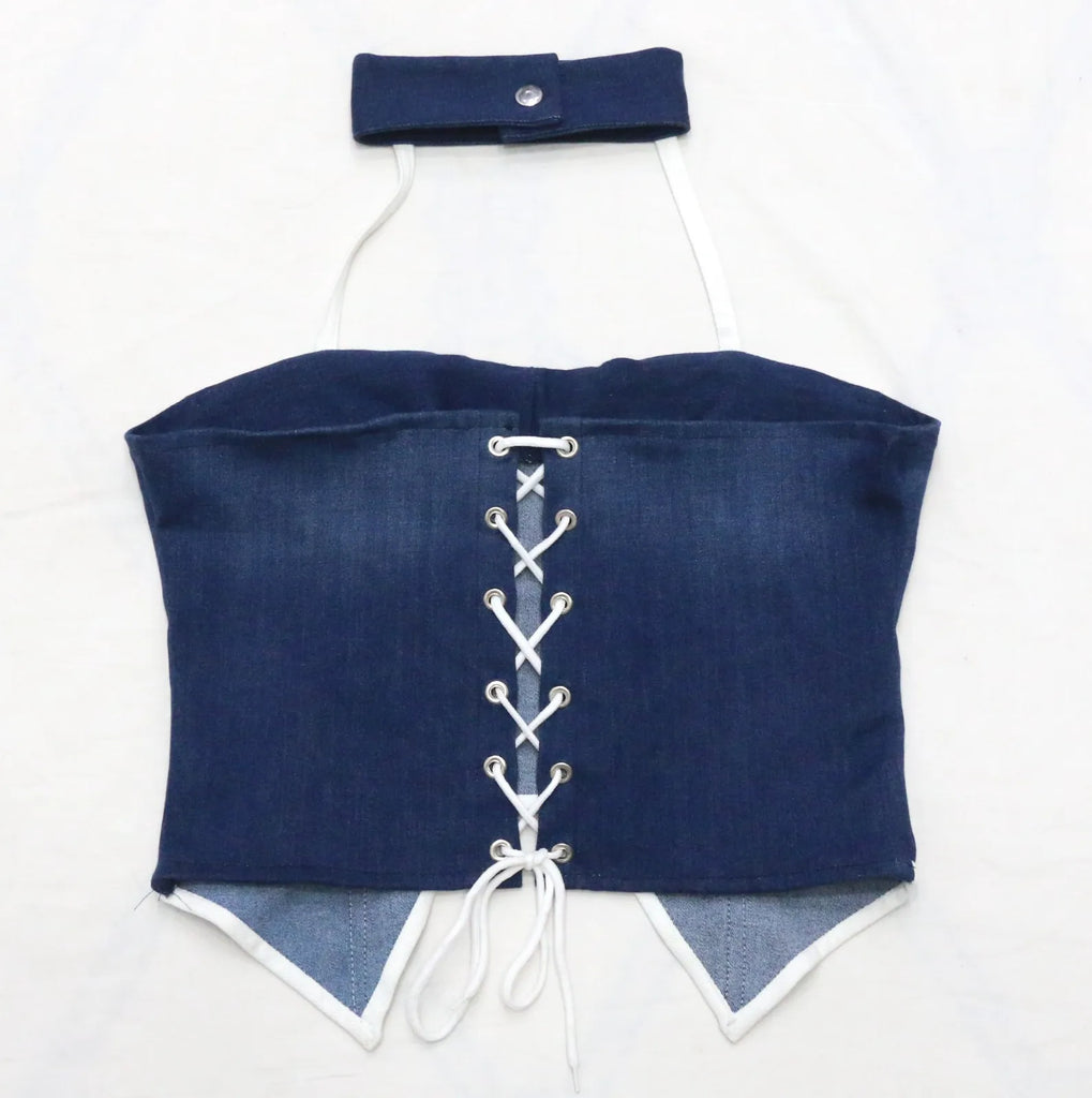 CR1584 Upcycled Denim Corset Halter Top