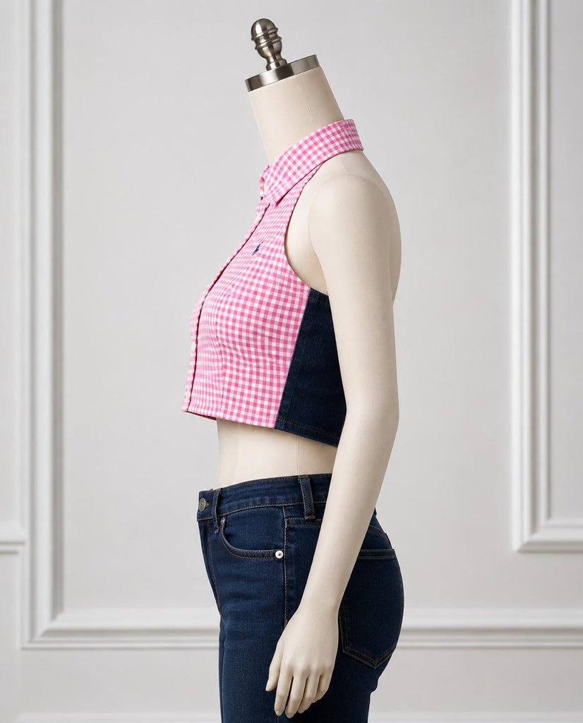 CR1859 Upcycled Denim Gingham Halter Top
