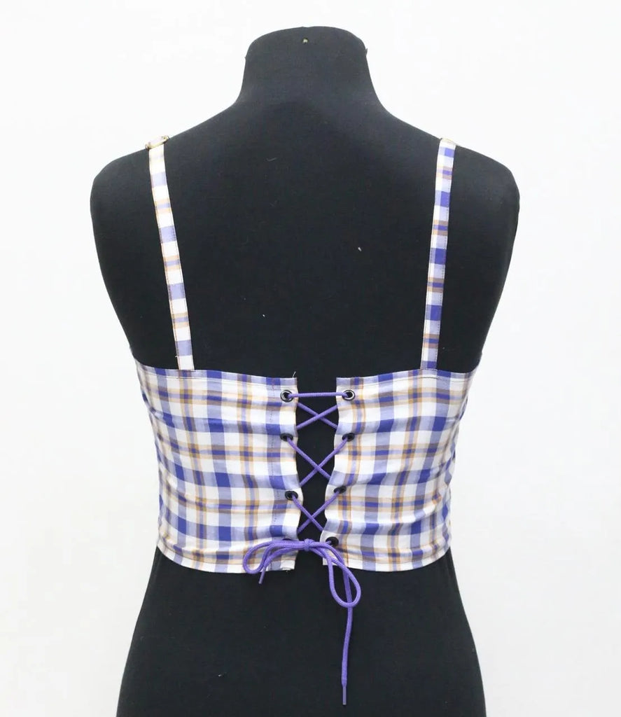 CR1540 Upcycled Denim & Plaid Corset Top