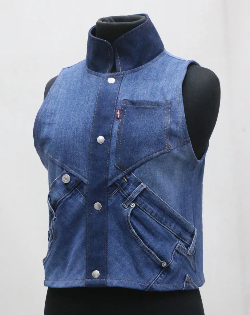 CR1427 Rework Panel Denim Vest – Cropped Utility Style (Light & Dark Wash Mix)