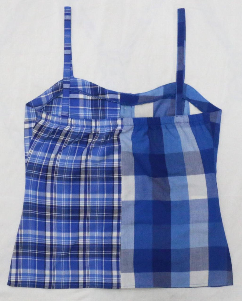 CR2005 UPCYCLED MIXED-PLAID RUFFLE CAMISOLE TOP
