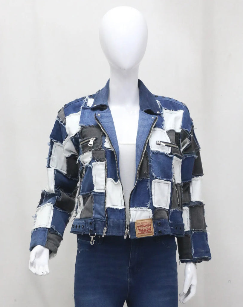 CR1458 - Rework Patchwork Denim Jacket – Distressed Panel Cropped Style