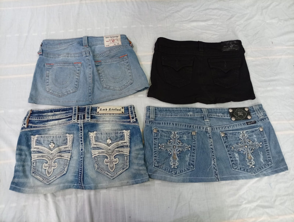 CR10605 Upcycled Mix Branded Mini Denim Skirts