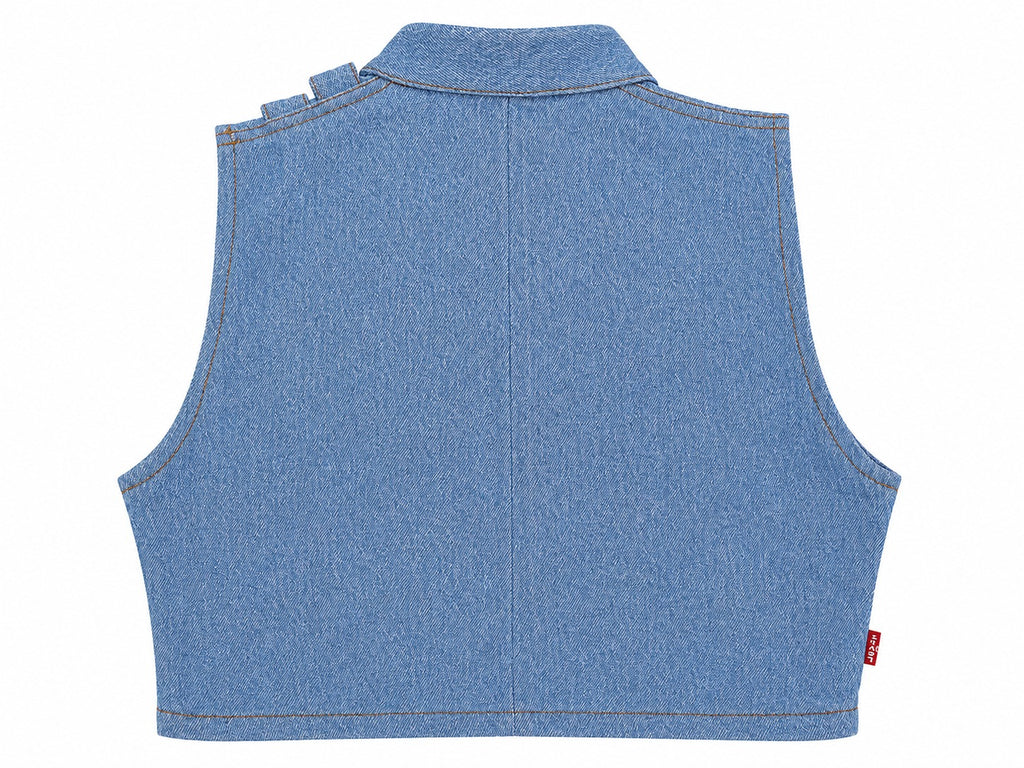 CR1912 UPCYCLED BUCKLE DETAIL DENIM CROP TOP