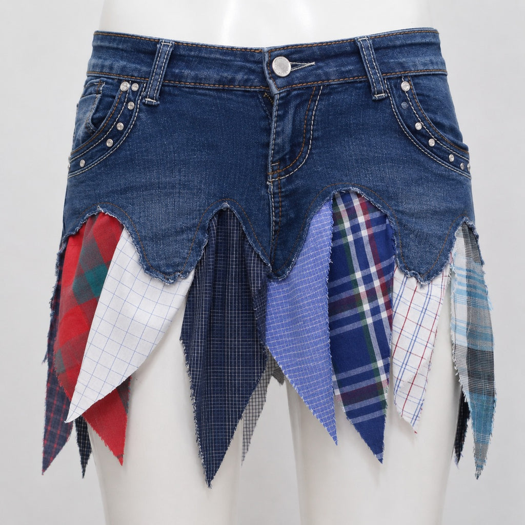 CR1993 UPCYCLED PLAID PANEL DENIM MINI SKIRT