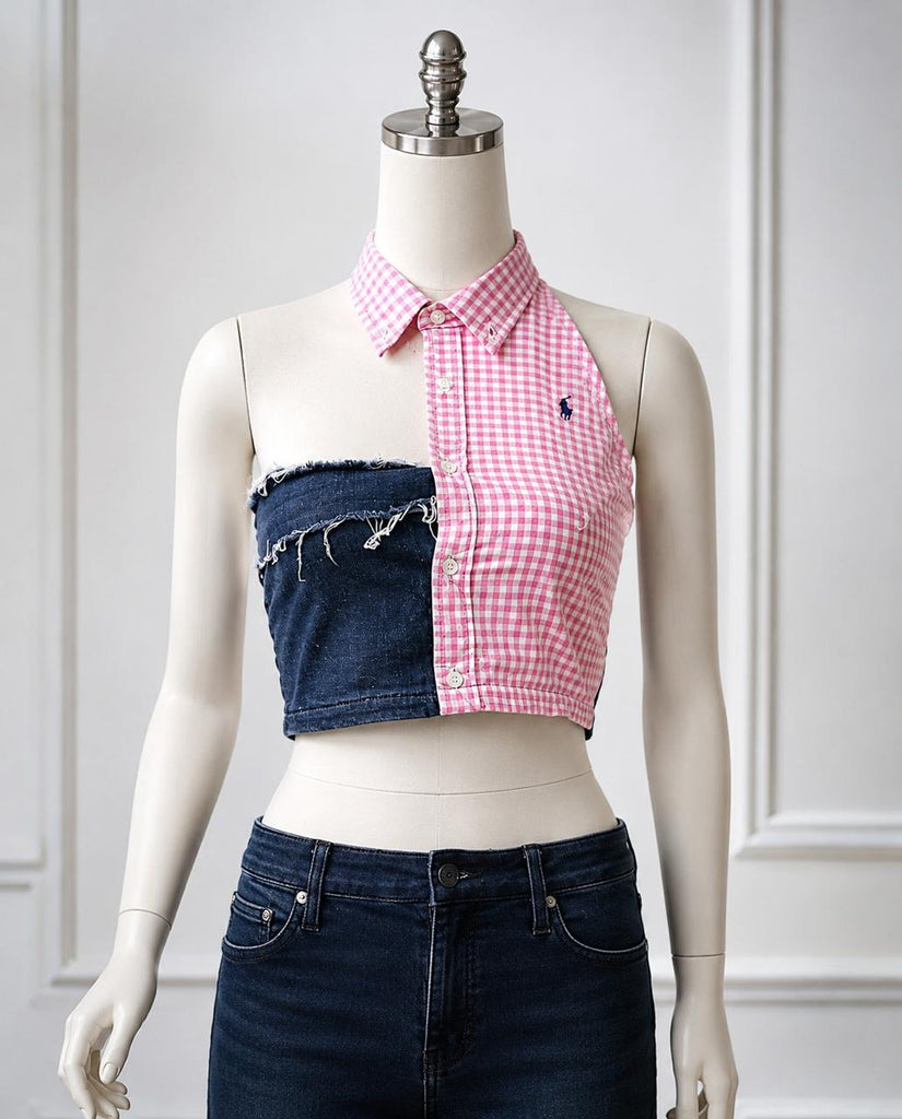 CR1859 Upcycled Denim Gingham Halter Top