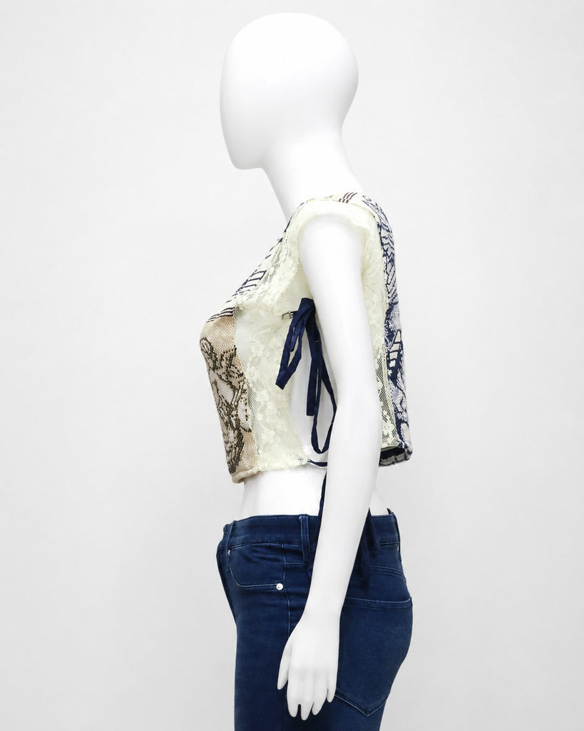 CR1907 UPCYCLED TAPESTRY LACE TIE-SIDE TOP