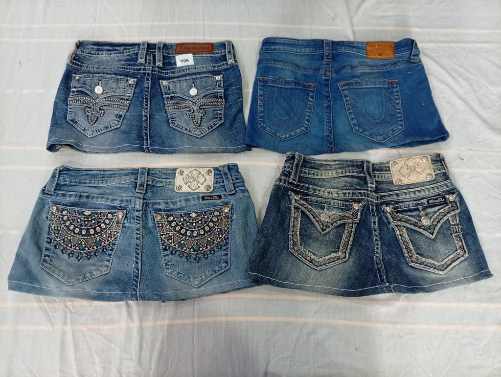 CR10587 Upcycled Mix Branded Mini Denim Skirts