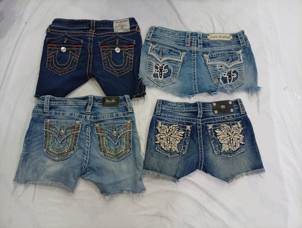 CR9428 Upcycled Mix Branded Mini Denim Shorts