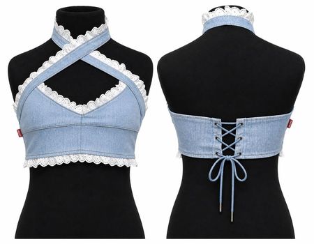 CR2099 Upcycled Denim Lace Halter Top