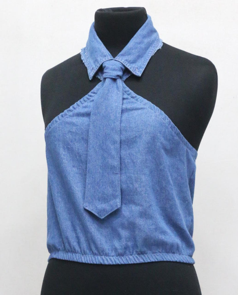 CR1841 UPCYCLED DENIM HALTER TIE TOP