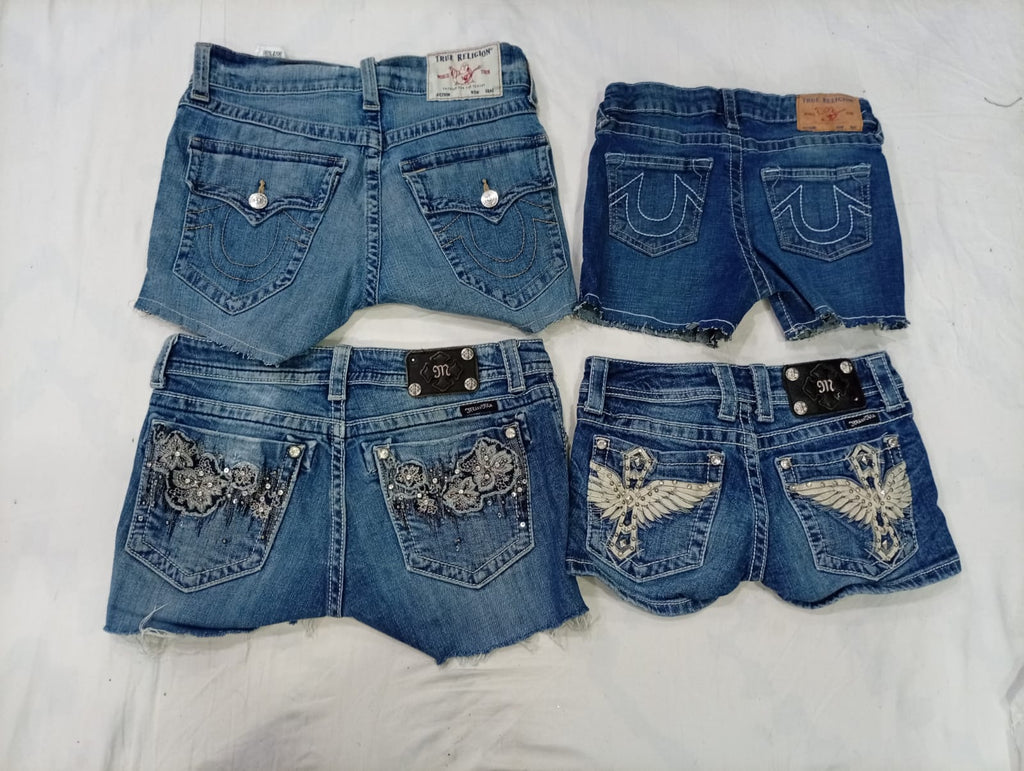 CR10418 Upcycled Mix Branded Mini Denim Shorts