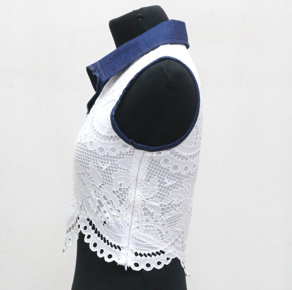 CR2149 UPCYCLED LACE & DENIM COLLAR CROP TOP