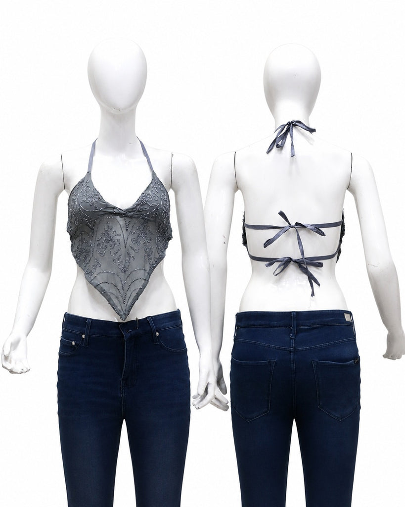 CR1947 UPCYCLED BEADED MESH HALTER HANDKERCHIEF TOP