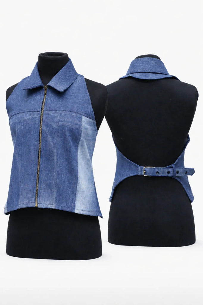 CR1428 Rework Denim Halter Vest Top – Open Back Buckle Style (Vintage Wash Mix)